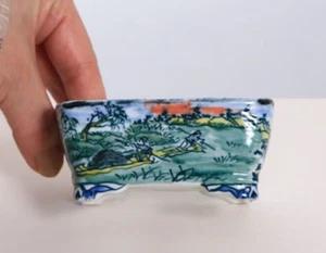 Japanese Bonsai pot TOSUI signed Landscape & Men pictured Rectangle w3.9" *1503 - Picture 1 of 8