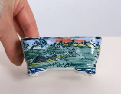 Japanese Bonsai pot TOSUI signed Landscape & Men pictured Rectangle w3.9" *1503 - Image 1 of 4