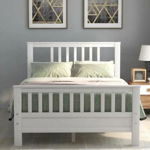 Full Size Wood Bed Frame Platform Bed w/ Headboard and Wooden Slat Support White - Picture 1 of 8