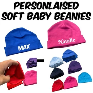 Baby Beanie Personalised Beanie Any Name Super Soft & Warm Hat 100% Cotton Hats - Picture 1 of 15