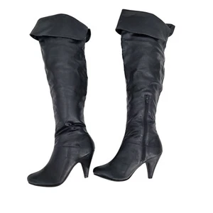 Vintage 90s Vegan Faux Leather Knee High Boots 7 Black Cuffed Heeled Pirate - Picture 1 of 9