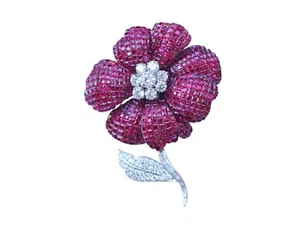 Invisible Set Lab Ruby Floral Brooch 925 Sterling Silver Designer Auction Jewel - Picture 1 of 1