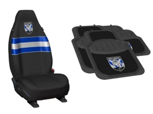 SET OF 2 CANTERBURY BULLDOGS NRL TEAM LOGO FRONT CAR SEAT COVERS + 4 FLOOR MATS - Picture 1 of 3