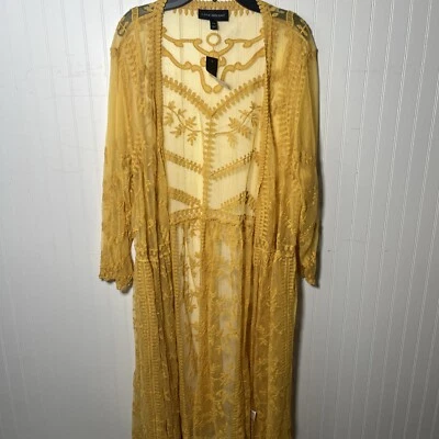 Kimono Lane Bryant 14/16 renda mostarda transparente manga longa frente aberta - Imagem 1 de 4