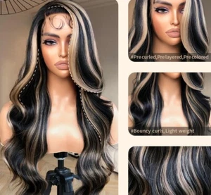 100% Echthaarperücke lang schwarz gemischt blond glatt 13x4 Lace Front Wig Damen - Bild 1 von 8