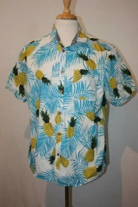 Burnside Sz L Hawaiian Bright Blue Floral Pineapples Cotton Aloha Camp Shirt - Picture 1 of 5