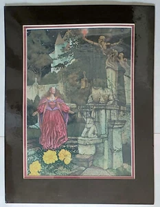 Women In Red Dress In Statue Garden Matted Sealed Print Michael Hague RARE 1976 - Bild 1 von 4