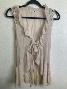 Vintage Y2K offenes Trägertop Rüschen Spitze transparent vorne zum Binden Gr. M creme Boho Festival - Bild 1 von 4