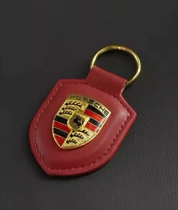 Porsche Red Leather With Gold Metal Badge key chain New - Picture 1 of 1