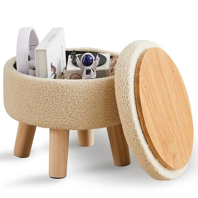Storage Ottoman, Modern Round Footrest with Soft Padded Seat, Teddy Velvet Fo... - Image 1 of 4
