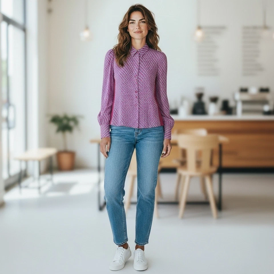 Camisa Blusa Weekend Max Mara Estampado Geométrico Abotonada Manga Larga Rojo Azul Foto 1 de 4