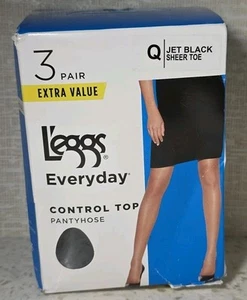 3 Pair Leggs Everyday Control Top Sheer Toe Pantyhose Jet Black Size Q - NEW - Picture 1 of 5