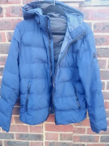 MICHAEL KORS DESIGNER MENS BLUE HOODED PUFFER BOMBER COAT SIZE MEDIUM - Picture 1 of 5