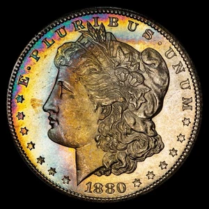 Dólar Morgan 1880-S $1 MS66 Tonificado - Escudo Dorado PCGS - Hermoso Tonificación Arco Iris - Imagen 1 de 7