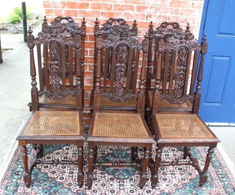 Set of 6 French Antique Oak Louis XIII Dark Oak Caned Dining Room Chairs Cover