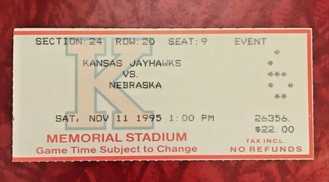 1995 NEBRASKA HUSKERS vs KANSAS JAYHAWKS FOOTBALL TICKET STUB   11/11/1995 Cover