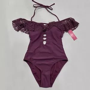 Xhilaration Juniors' Lace Off The Shoulder Halter One Piece Swim Suit - Berry XL - Picture 1 of 3