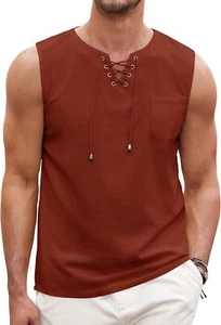 Men's Cotton Linen Sleeveless Tank Top Casual Lace Up Beach Viking Tunic Shirt - Picture 1 of 43