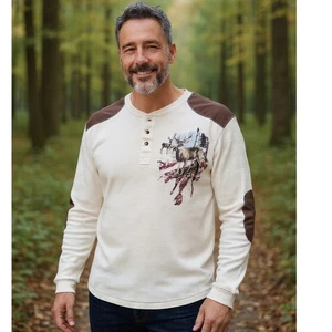 COSI Concepts XL Cream Deer Print Long Sleeve Waffle Knit Henley Shirt - Picture 1 of 11