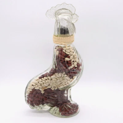 Jarra de gallo de vidrio vintage de 11,5" llena de frijoles secos - sin vinagre ni aceite Foto 1 de 4