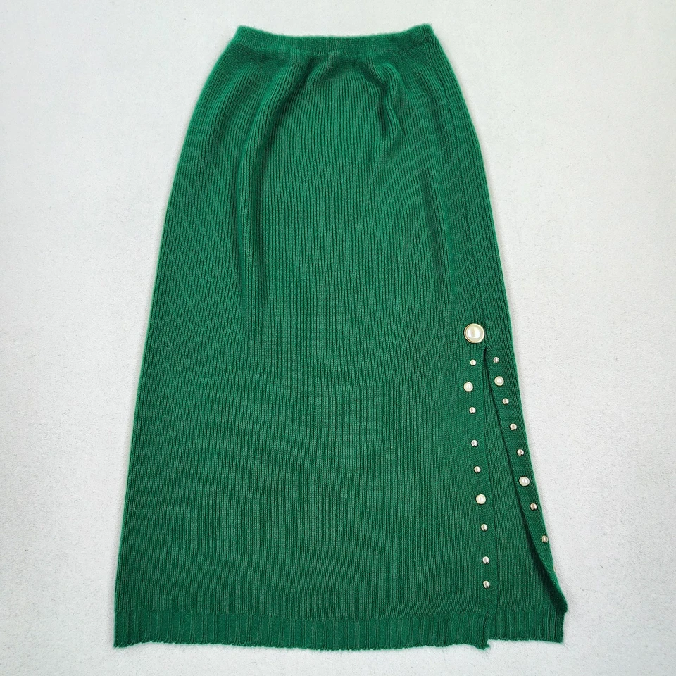 Saia suéter vintage anos 80 verde acrílico fenda lateral com pregos de pérola lápis de malha midi - Imagem 1 de 4