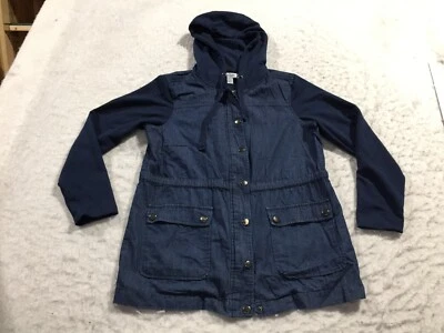 Christopher & Banks Jean Jacket Petite Small P/S Dark Blue Snap Hooded Pockets - Image 1 of 4