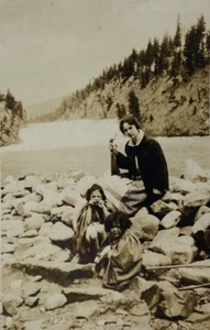 Woman & Two Children On Rocks By River B&W Photograph 1.75 x 2.5 - Picture 1 of 3