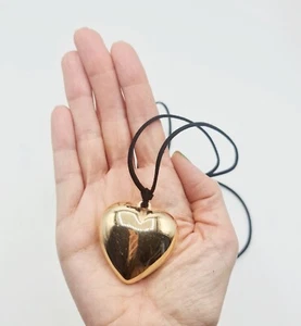 Gold Large Heart Pendant Necklace Black Cord Adjustable 90s - Picture 1 of 6