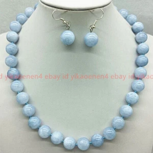 Natural Pretty 6/8/10/12mm Blue Aquamarine Gems Round Beads Necklace Earring Set - Picture 1 of 12