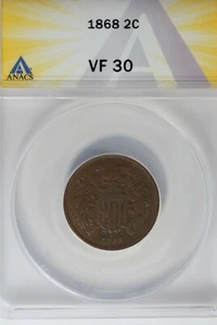 1868  .02  ANACS  VF 30    Two-cent piece, 2c, Shield Coin - Picture 1 of 2