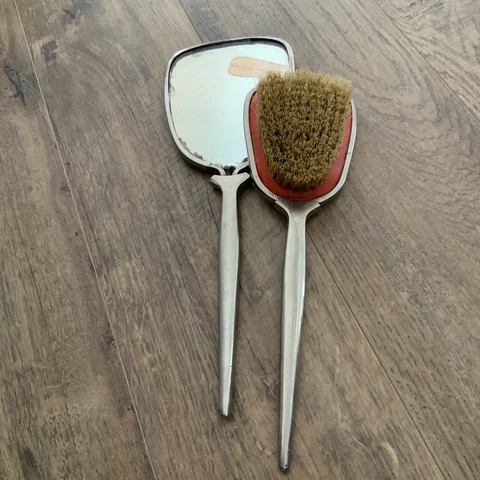 VINTAGE RARE HAND HELD MIRROR and CLOTHES BRUSH SET-MADE in RUSSIA 1930-VINTAGE Cover