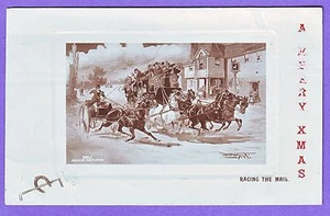 ENGLAND MAIL STAGECOACH BEING RACED BY HORSE & CART POSTCARD - Picture 1 of 1