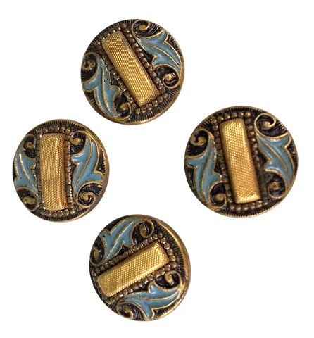 Set of 4 MATCHING Antique Victorian Brass & Blue Enamel Raised Design Buttons Cover