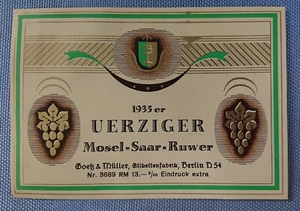 altes Weinetikett Musteretikett Etikett 1935er Uerziger Mosel Saar Ruwer Goetz - Bild 1 von 2
