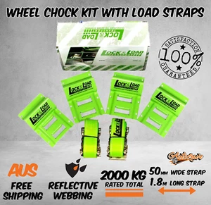 Wheel Chock Kit Tie Down Straps Ratchet Strap 2000kg Car Trailer ATV 1.8m 50mm - Picture 1 of 5