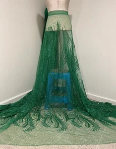 Kelly Green Beaded Sequins Embroidery Bridal Lace Fabric 50” Width Sold By Yard - Picture 1 of 6