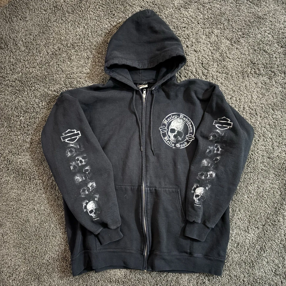 Винтажная черная толстовка с капюшоном Harley Davidson с черепами и спиной графический размер большой y2k - Изображение 1 из 4