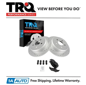 TRQ Rear Semi Metallic Brake Pad & Performance Drilled Slotted Coated Rotor - Picture 1 of 8