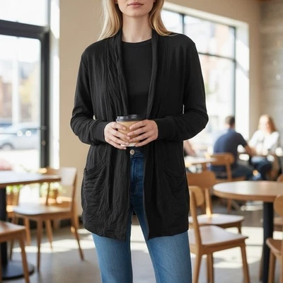 Cárdigan informal drapeado con bolsillos negro Alfani para mujer talla XS Foto 1 de 3