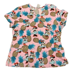 Disney Minnie Mouse Pink Pineapple Print Scrub Uniform Top Large 100% Cotton - Picture 1 of 7