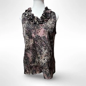 Ann Taylor Women's 8 Black Satin Pattern Sleeveless Blouse Ruffle Dressy Evening - Picture 1 of 9