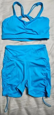Peachy Bunz Blue Workout Set for Women Layered Cutout sport Bra V Waist Shorts M - Image 1 of 4