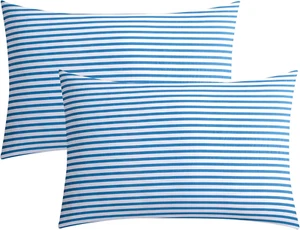 100% Natural Cotton Striped Standard Pillowcases Set, 2 Pack White and Blue Stri - Picture 1 of 5