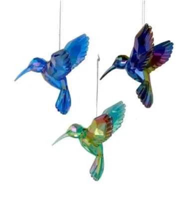 KURT ADLER SET OF 3 ACRYLIC FACETED IRIDESCENT HUMMINGBIRD XMAS ORNAMENTS T1509
