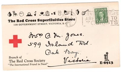 Postal de reconocimiento de tienda de la Cruz Roja Canadá Victoria BC 1940 Foto 1 de 2