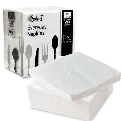 Select White Paper Napkins - Pack of 100 2Ply Disposable Table Serviette Napkins - Image 1 of 4
