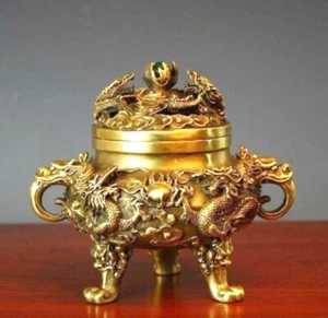 Fino Antiguo Hecho a Mano Bronce 9 Dragón Incrustaciones Trípode Quemador de Incienso "Ding" Censario - Imagen 1 de 6