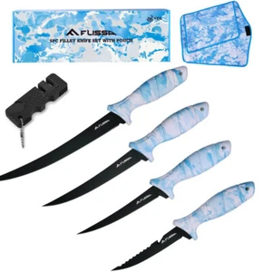 FLISSA 4PCS 5"/6"/7"/9" Fillet Knives Set w/Sharpener Protective Sheath Roll Bag - Picture 1 of 10