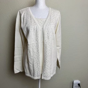 Quacker Factory Faux Twinset Women's Sweater Cardigan XS Ivory Embellished - Picture 1 of 7