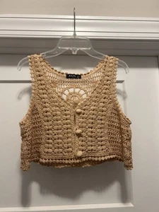 Julia By Love beige Häkel Cropped Weste Shirt Tank Größe Small Fairy Cottage - Bild 1 von 6